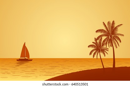 Silhouette sailboat in flat icon design and sunset sky background