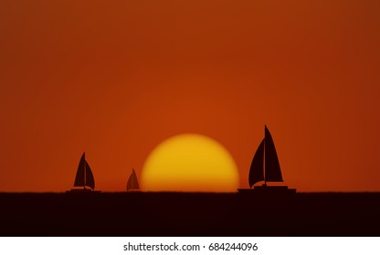 Silhouette sailboat in flat icon design with sunset sky background