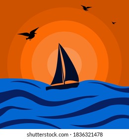 silhouette of a sailboat floating at sunset in the sea on the waves against the background of a beautiful sunset and flying gulls .vector illustration