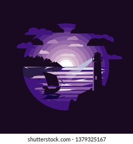 silhouette sailboat and lighthouse in night sea illustration . Landscape with sea and mountains