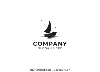silhouette sailboat in the ocean decorated with stars in flat vector design logo concept