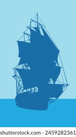 Silhouette of a sailboat on a blue background. Vector illustration. Eps 10. For prints on postcards, banners, posters in the marine style