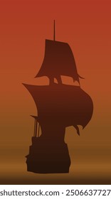 Silhouette of a sailboat on an orange background. Vector illustration for decorating your designs and interiors in a marine style