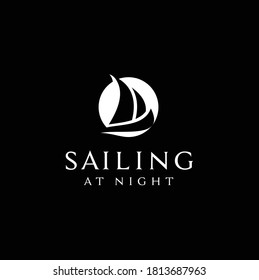 Silhouette Sailboat Ship Moon of Night Sailing Fishing Boat at sea ocean for Travel or Sailor logo design 