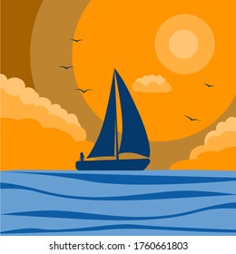 silhouette of a sailboat at sunset, vector illustration, sailing boat sailing in the ocean, silhouette of the sea and ship, girl sailing in a boat with sails, drawing in flat style