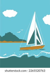 silueta de velero , ilustración vectorial, velero en el océano, silueta del mar y del barco, niña navegando en barco con velas, dibujo plano. mar, barco, océano.