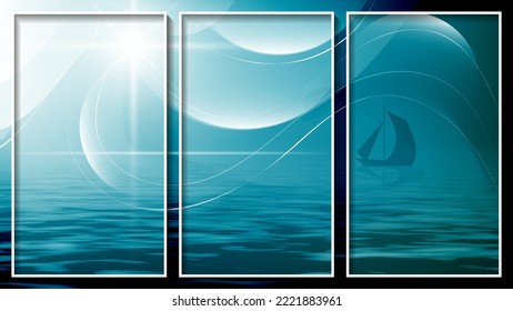 Silhouette of a sailing boat in the sea against the background of a flash of light, overlapping wavy shapes, smooth lines. Three images in azure tones. Author's work. Vector.