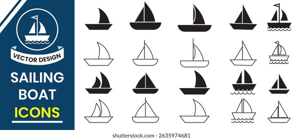 Silhouette of Sailing boat vector symbol. Sailboat icon vector set. Outline collection of sailboat, vessel, yacht logo sign. Water transport Vector illustration.
