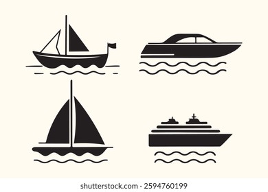 Silhouette sailing, cruise, ship, sailing boat Logo and vector icon illustration