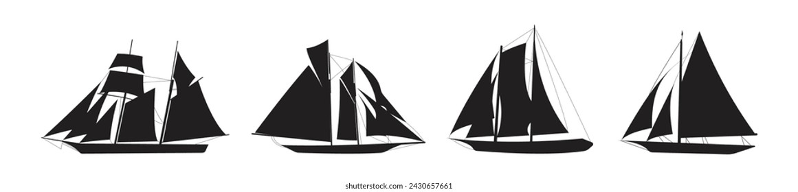 silhouette sailing ship. fishing ship. black isolated white background