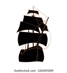 silhouette of a sailing ship with five sails