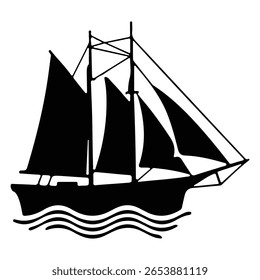 Silhueta do ícone de navio de vela com ondas no fundo branco.