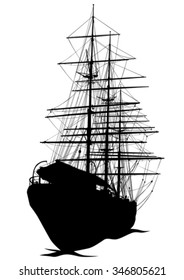 Silhouette of sailing ship on white background