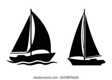 Silhueta de veleiro ícone de vetor de navio com ondas no fundo branco.