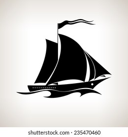 Silhouette sailing vessel, sailboat with a flag in the waves on a light background,  black and white  vector illustration