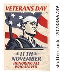 Silhouette of a sailor with a gun on the background of the US national flag. Happy Veterans Day.