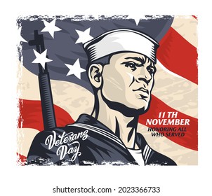 Silhouette Of A Sailor With A Gun On The Background Of The US National Flag. Happy Veterans Day.