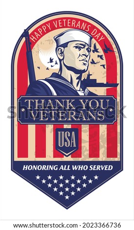 Silhouette of a sailor with a gun on the background of a warship and the national flag of the United States. Happy Veterans Day.