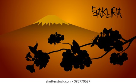 Silhouette of the Sakura branch and Mount Fuji vector Illustration
