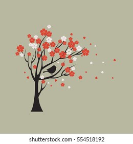 Silhouette sakura tree with bird.