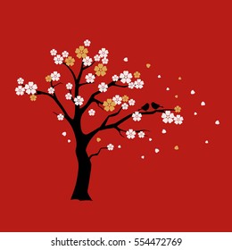 Silhouette Sakura tree with white and gold Flowers on Red Background.Tree with love birds. 