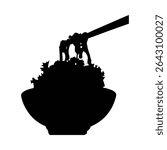 Silhouette of salad being served from bowl with serving utensil on white background