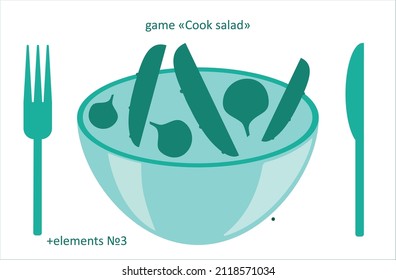  silhouette of a salad bowl with a knife and fork and details of ingredients for playing salad