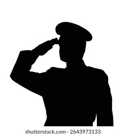 Silhueta de um oficial militar de saudação de uniforme contra um fundo branco. Representa honra, serviço, dever e patriotismo. Ideal para homenagens, memoriais ou projetos com temas militares.