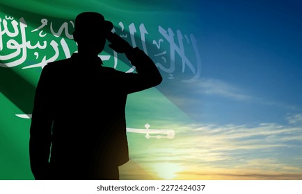 Silhouette of a saluting soldier against the sky and Saudi Arabia flag. Concept - Armed Force of Saudi Arabia. EPS10 vector