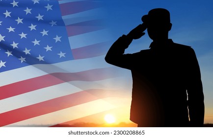 SIlhouette of a saluting soldier against the sunset with USA flag. Greeting card for Veterans Day, Memorial Day, Independence Day. EPS10 vector