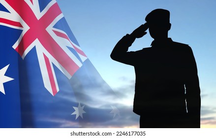 Silhouette of Saluting Soldier with Australian flag on background of sky. Concept - Armed Force. EPS10 vector