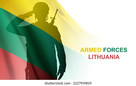 Silhouette of saluting soldier with the flag of Lithuania on white background. Armed forces of Lithuania. Greeting card - Armed Forces day. ESP10 vector