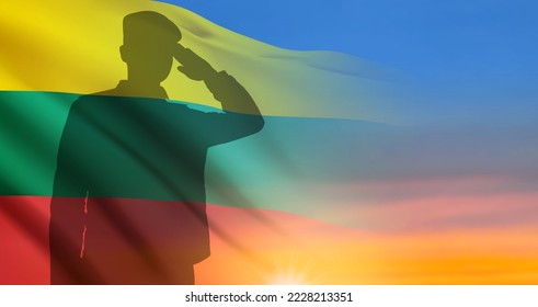 Silhouette of saluting soldier with the flag of Lithuania on background of sunset. Armed forces of Lithuania. Greeting card - Armed Forces day. ESP10 vector