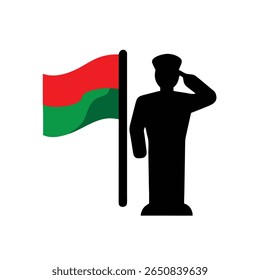 Silhouette a saluting soldier next to a flag with red green stripes on Remembrance