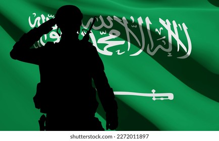 Silhouette of a saluting soldier on background of Saudi Arabia flag. Concept - Armed Force of Saudi Arabia. EPS10 vector