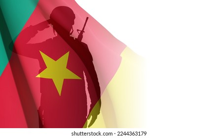 Silhouette of saluting soldier on white background with Cameroon flag. Background for National Holidays. EPS10 vector