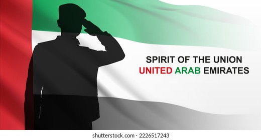 Silhouette of Saluting soldier with United Arab Emrates flag. National holidays background. EPS10 vector