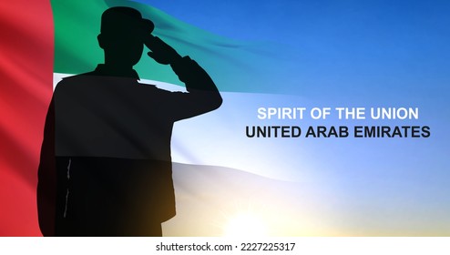 Silhouette of Saluting soldier with United Arab Emrates flag. National holidays background. EPS10 vector