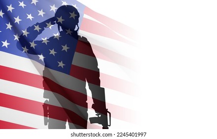 Silhouette of saluting soldier with USA flag on white background. Concept - Armed Force. EPS10 vector