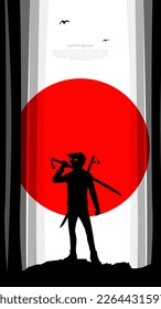silhouette of a samurai background. Samurai with red moon wallpaper. Japanese samurai warrior with a sword and oni mask. japanese theme wallpaper. samurai boy with two swords. 