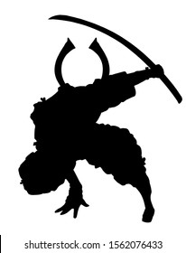 Silhouette of a samurai in a dynamic pose with a sword at the ready. 2D illustration