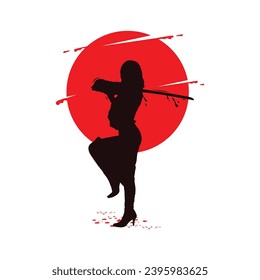 Silhouette samurai girl poster design illustration