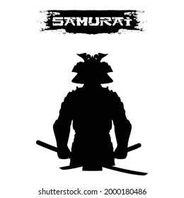 A silhouette of a samurai in a horned helmet, armor, and two swords. A mighty Japanese warrior. Vector illustrations for t shirt print. Oriental black tattoo.