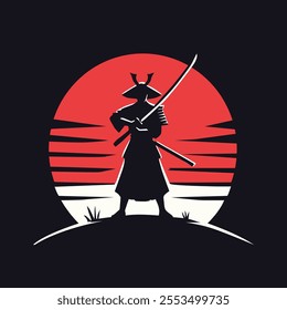 Silhouette of a samurai with katanas, red sun, and Japanese aesthetics