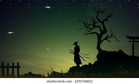  silueta de un samurai de fondo nocturno. Guerrero samurai japonés con espada. Papel mural de Samurai. 