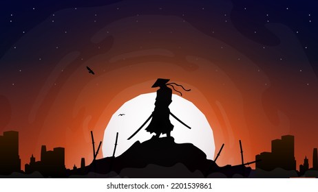 silhouette of a samurai in the night background. Japanese samurai warrior with a sword. Samurai with full moon walpaper. illustration of a samurai who wins in battle.