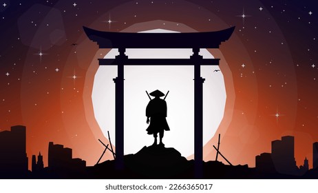 silhouette of a samurai in the night background. Japanese samurai warrior with a sword. Samurai with moon wallpaper. japanese theme wallpaper.