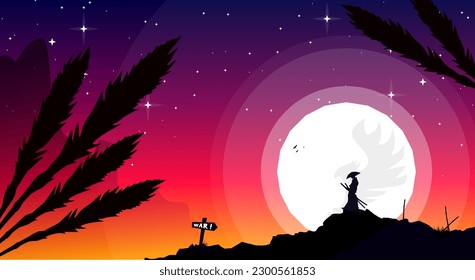 silhouette of a samurai in the night background. Japanese samurai warrior with a sword.