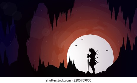 silueta de un samurai en la cueva nocturna. fondo del tema japonés. Antecedentes de Samurai. el samurai al que le cayeron muchas flechas. Papel de la cueva nocturna para el escritorio.