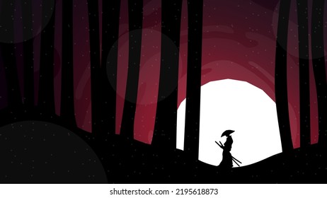 silhouette of a samurai in the night forest. Japanese samurai warrior with a sword. japan theme background.